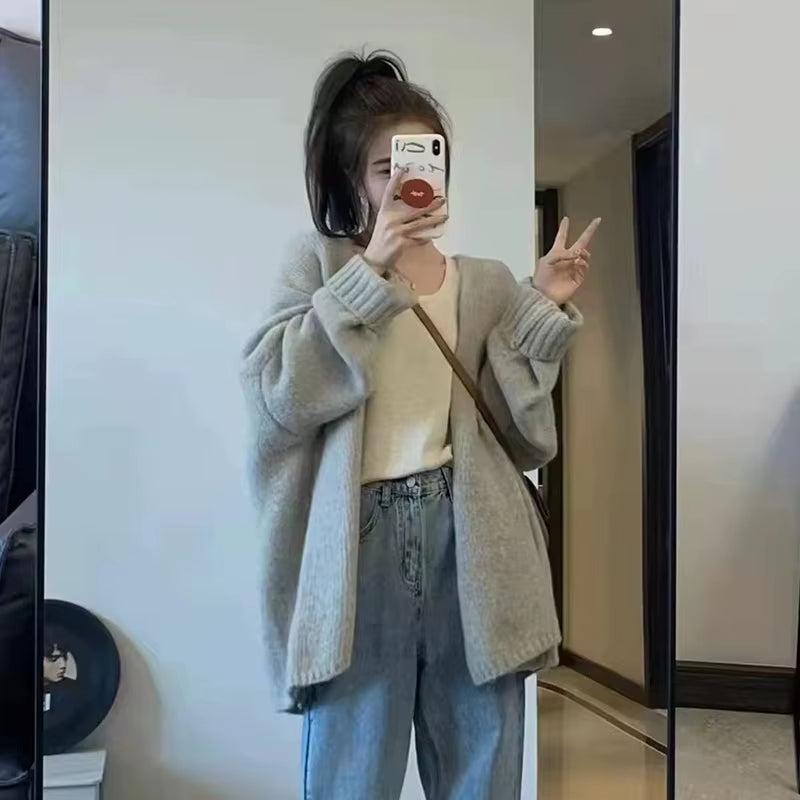 Korean Balloon Sleeve Knit Cardigan Women Korean Solid Color Loose Sweater Coat Woman Lazy Wind Soft Warm Cardigans Ladies