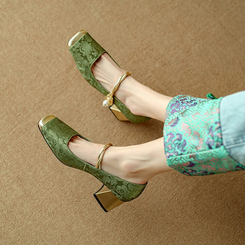High Heels 2024 Retro French Thick Heel Square Toe Pump Shoes for Women