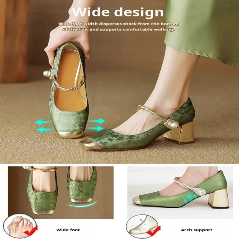 High Heels 2024 Retro French Thick Heel Square Toe Pump Shoes for Women