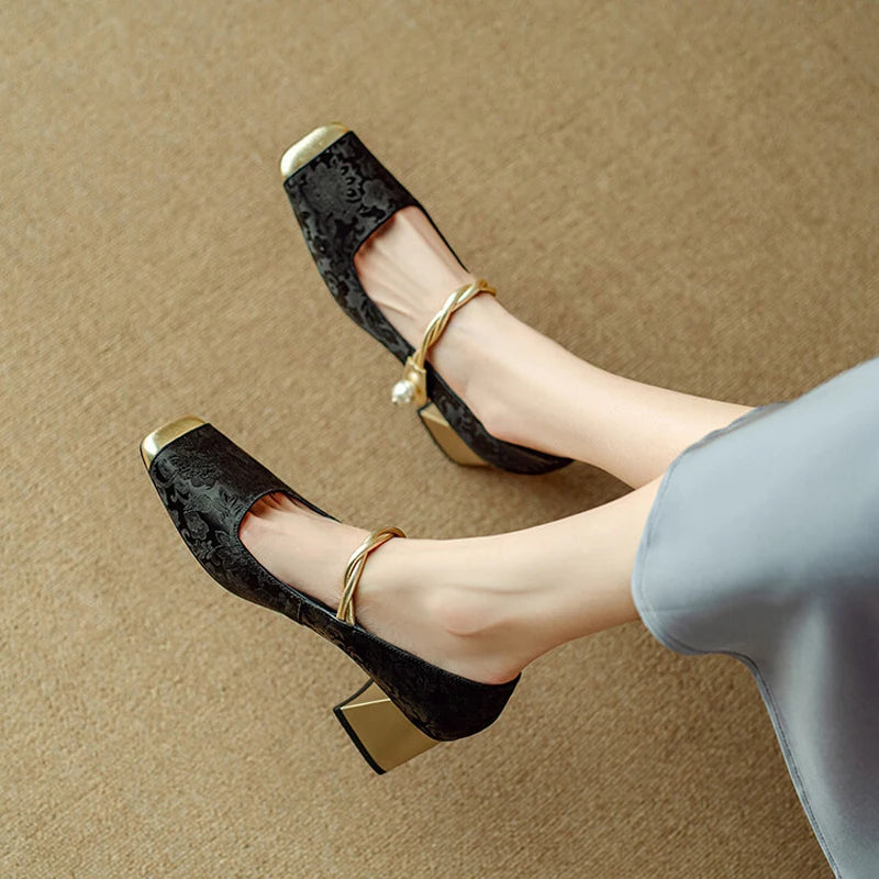 High Heels 2024 Retro French Thick Heel Square Toe Pump Shoes for Women