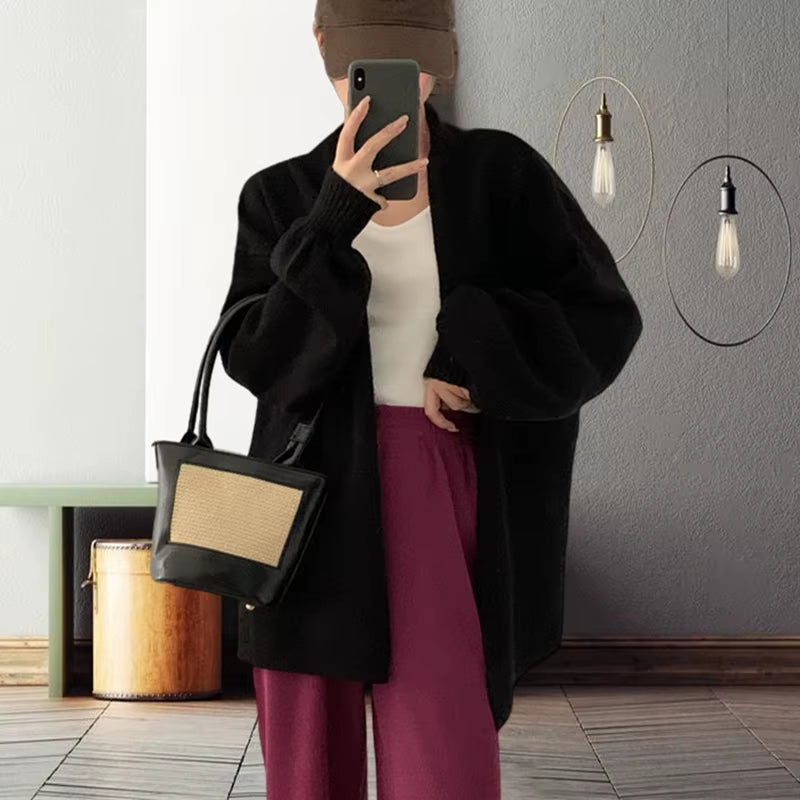 Korean Balloon Sleeve Knit Cardigan Women Korean Solid Color Loose Sweater Coat Woman Lazy Wind Soft Warm Cardigans Ladies