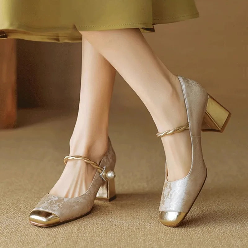 High Heels 2024 Retro French Thick Heel Square Toe Pump Shoes for Women