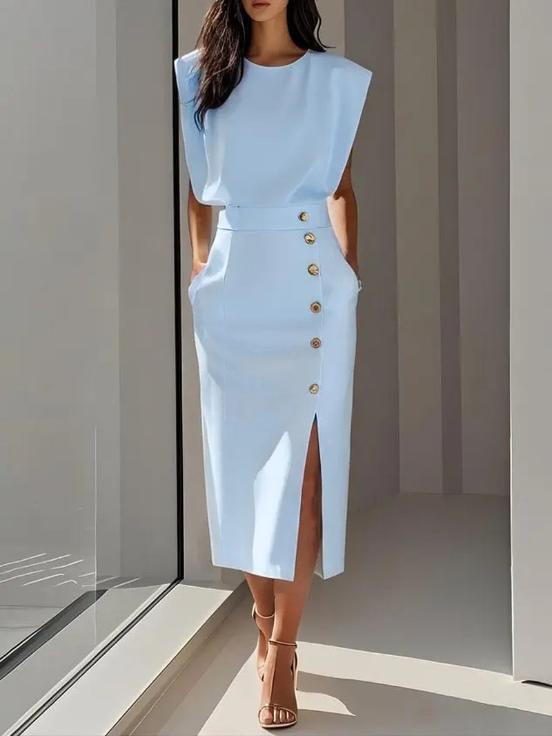 Temperament Ladies Elegant Dress 2025 Summer O-Neck Sleeveless Buttons Splic High Split Long Dresses Women New Office Clothes
