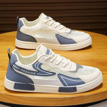 Men'S Vulcanized Shoes 2025 Summer New Mesh Hollow Breathable Non Slip Sneakers Comfortable Fashion Cross Tied Casual Flat Shoes