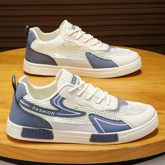 Men'S Vulcanized Shoes 2025 Summer New Mesh Hollow Breathable Non Slip Sneakers Comfortable Fashion Cross Tied Casual Flat Shoes