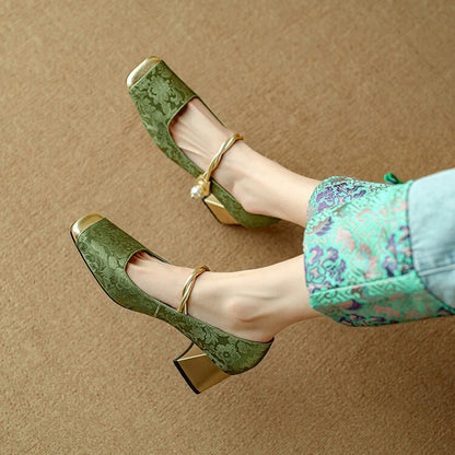 High Heels 2024 Retro French Thick Heel Square Toe Pump Shoes for Women