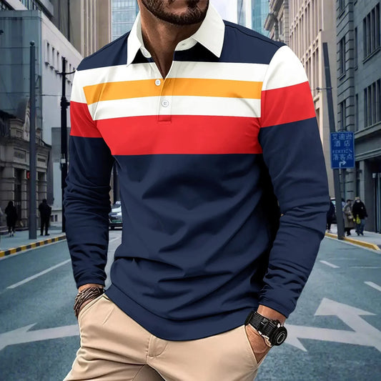 Autumn Long Sleeve New T-Shirt Men'S Printed Color Matching Lapel Men'S Casual POLO Shirt Top Men T Shirt Mens Long Sleeve