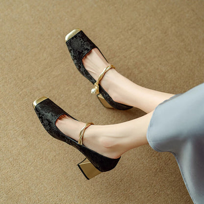 High Heels 2024 Retro French Thick Heel Square Toe Pump Shoes for Women