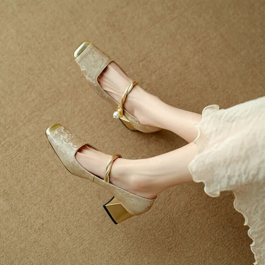 High Heels 2024 Retro French Thick Heel Square Toe Pump Shoes for Women
