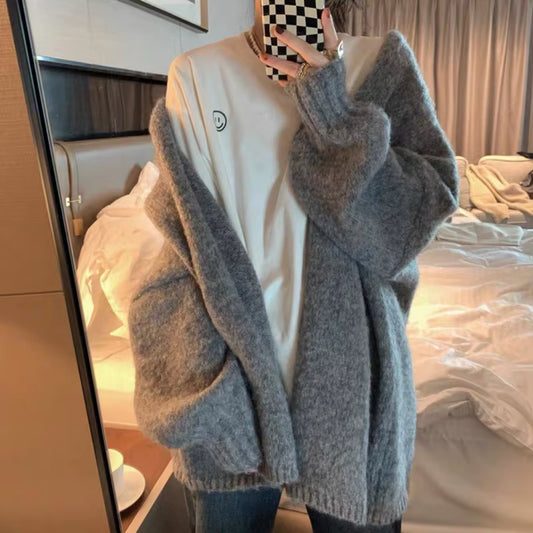 Korean Balloon Sleeve Knit Cardigan Women Korean Solid Color Loose Sweater Coat Woman Lazy Wind Soft Warm Cardigans Ladies