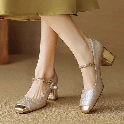 High Heels 2024 Retro French Thick Heel Square Toe Pump Shoes for Women
