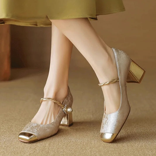 High Heels 2024 Retro French Thick Heel Square Toe Pump Shoes for Women